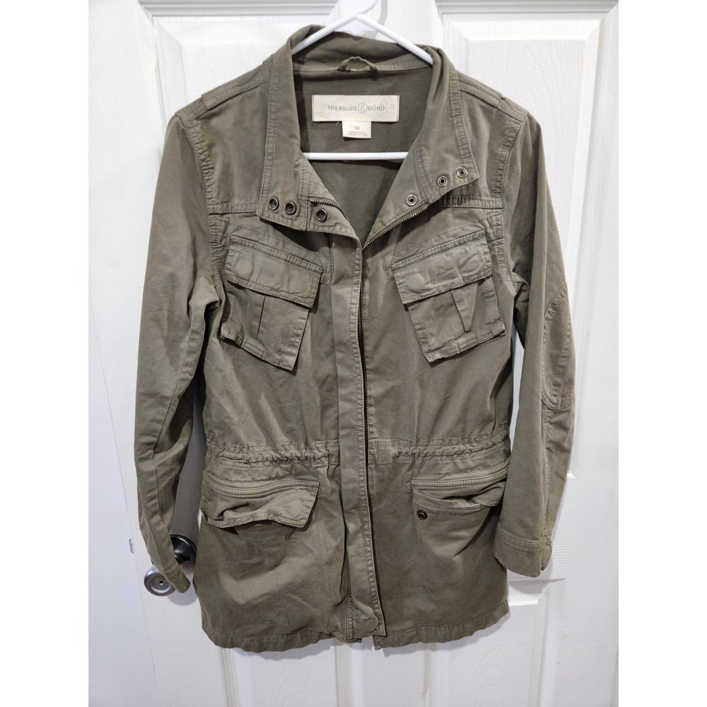 Treasure & Bond Womens Olive Green Utility Field Jacket XS Full Zip Cargo Pocket